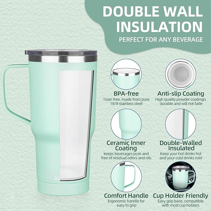 20 oz Insulated Coffee Mug with Ceramic Coating, Stainless Steel Travel Mug Tumbler with Handle Lid and Straw, Double Wall Leak-Proof Coffee Travel Mug Keeps Drink Hot and Cold (Green)