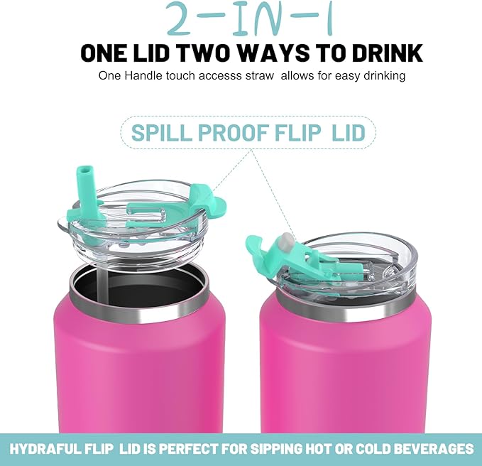 Hydraful 64 oz Tumbler with Handle and Straw - 100% Leak-Proof - Insulated Cup Reusable Stainless Steel Large Water Bottle Travel Mug for Gym, Hiking, and Camping - Gifts for Women Men Him Her