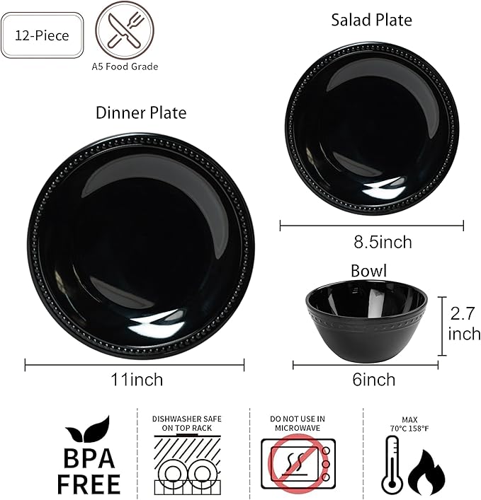 Black Melamine Dinnerware Set of 12 Pcs, BPA Free Dishes Set, Plates and Bowls Sets for Indoor Outdoor Dining on the Beach, RV, Camping Use,Lightweight Unbreakable Dishwasher Safe