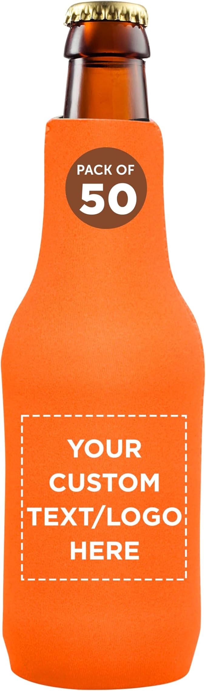 50 Neoprene Zippered Beer Bottle Coolies Pack - Customizable Text, Logo - Sharkskin Rubber Bottom - Neon Orange