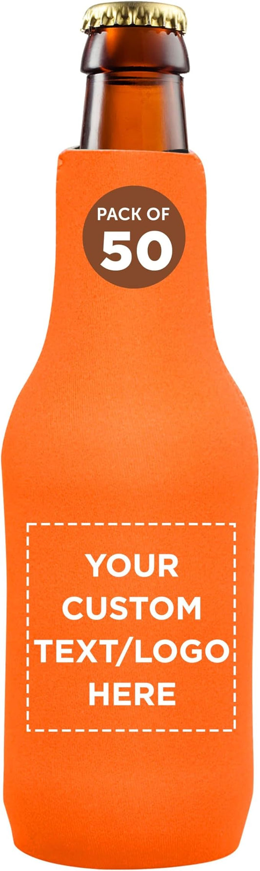50 Neoprene Zippered Beer Bottle Coolies Pack - Customizable Text, Logo - Sharkskin Rubber Bottom - Neon Orange