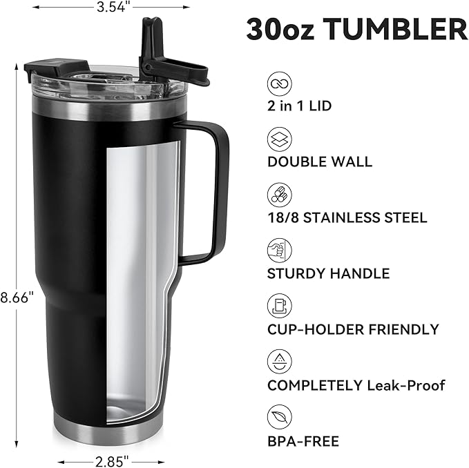 HASLE OUTFITTERS 30oz Tumbler With Handle, Insulated Travel Coffee Mug With Straw Leak-Proof Double Wall Stainless Steel Vacuum Tumblers Metal Cup with Straw for Hot and Cold Drink