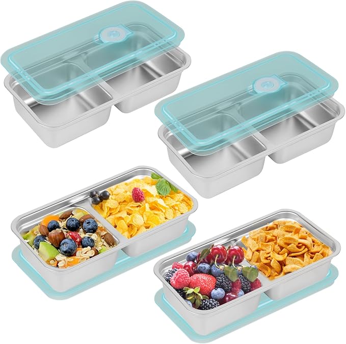 Stainless Steel Snack Containers Reusable - 4 Pack Grab and Go Snack Containers with Lids, 2 Compartment Snack Condiment Containers for Travel, Camping
