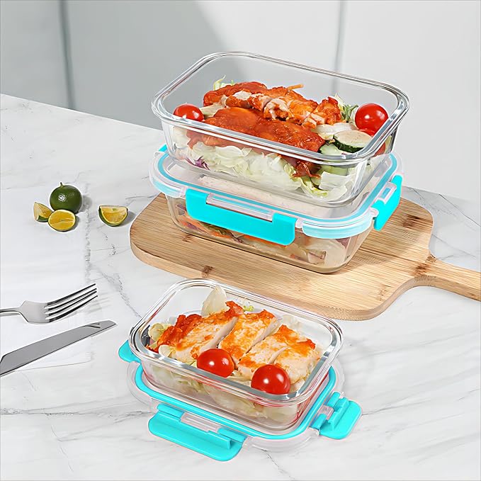 BAYZZ 10 Pack Glass Meal Prep Containers, Glass Food Storage Containers with Lids, Airtight Lunch Box, Freezer,Oven,Microwave and Dishwasher Safe,Green