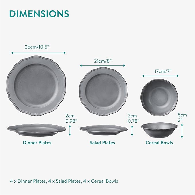 Navaris Scandi Style Porcelain Dinnerware Set - Ceramic Crockery Sets for 4 - Stackable Dishes with Dinner and Salad Plates Cereal Bowls - Dishwasher & Microwave Safe - 12pcs Grey