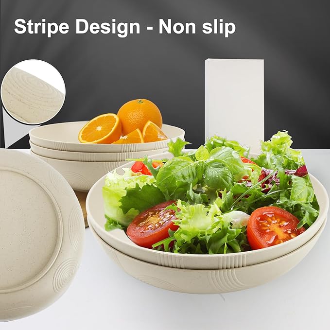 10inches Large Pasta Bowls Set of 6-65oz Wheat Straw Bowls,Bowl Plates,Large Plastic Bowls Reusable for Pasta,Salad,Soup,Unbreakable & Lightweight Bowls for Kitchen,Dishwasher Safe,BPA-Free(Beige)