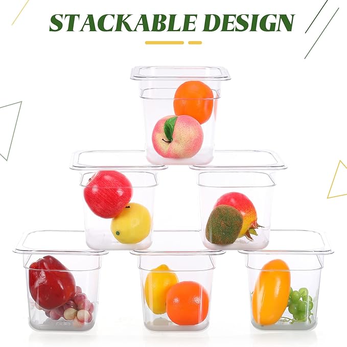 Yinder 12 Pcs Plastic Clear Food Pans 1/6 Size Stackable Polycarbonate Food Containers with Capacity Indicator Restaurant Commercial Hotel Pan for Fruits Vegetables Beans Corns (6'' Deep)