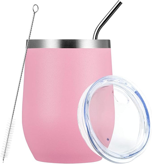 MEWAY Stemless 12oz Wine Tumbler Glasses with Lid -Insulated Double Wall Vacuum Stainless Steel Travel Tumbler with Straw,for Woman Under 10 dollars (Pink,1)