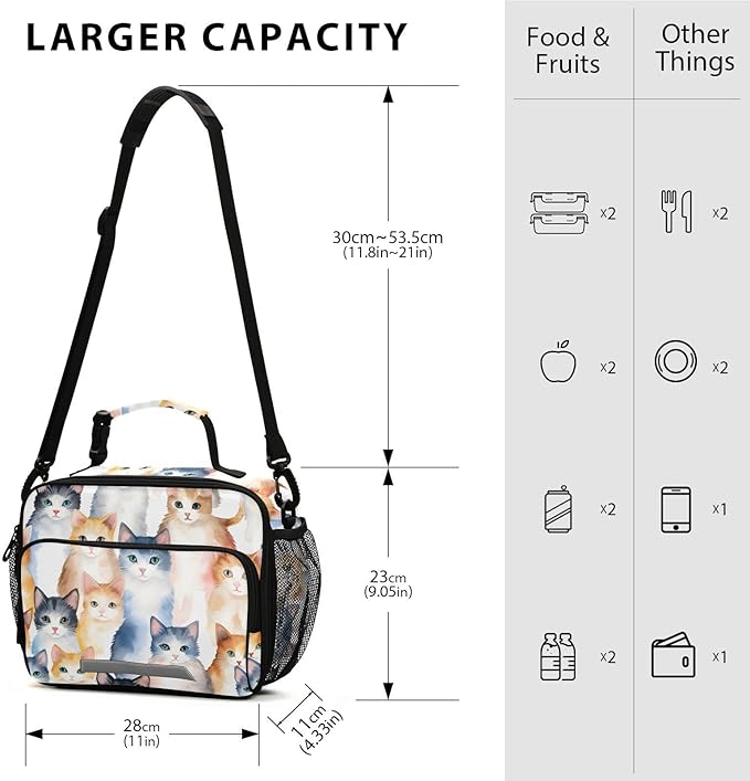 ALAZA Cat Girls Lunch Box Kids Lunchbox Insulated Reusable Meal Container Lunchbag with Shoulder Strap
