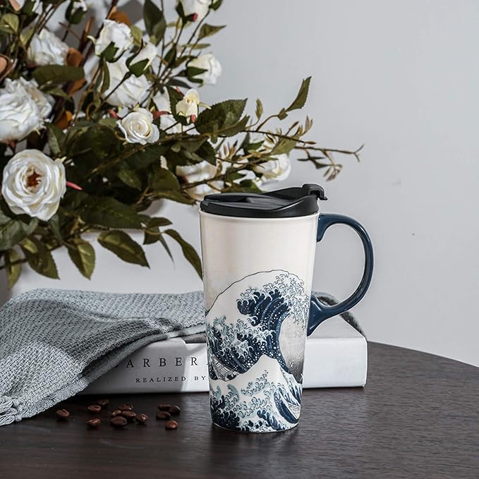 Topadorn Ceramic Travel Mug Porcelain Coffee Cup with Spill-proof Lid and Box, 17 Oz.