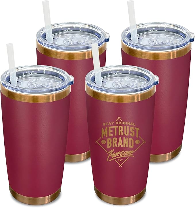 20 oz Tumbler Bulk 4 Pack Stainless Steel Tumblers with Lids and Straws, Double Wall Vacuum Insulated Travel Coffee Mug for Laser Engrave, Powder Coated Cups for Hot and Cold Drinks (Red,4 pack)