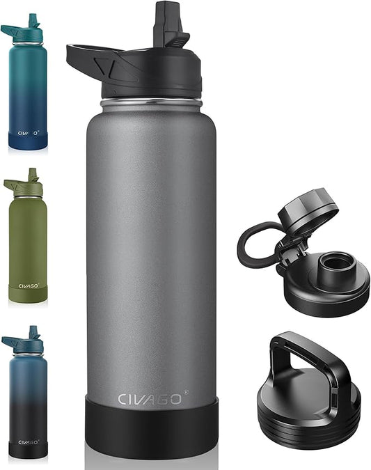 CIVAGO 40 oz Insulated Water Bottle With Straw, Stainless Steel Sports Water Flask Cup with 3 Lids (Straw, Spout and Handle Lid), Double Walled Travel Thermal Canteen Mug, Cool Gray