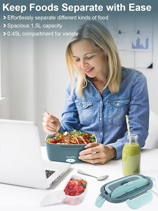 80W Electric Lunch Box for Adults, Portable Heated Lunch Box for Men, 1.5L Food Warmer Lunchbox for Car/Truck/Office, 12V/24V/110V Leak-Proof, Dishwasher-Safe with Insulated Bag (Minty Green)