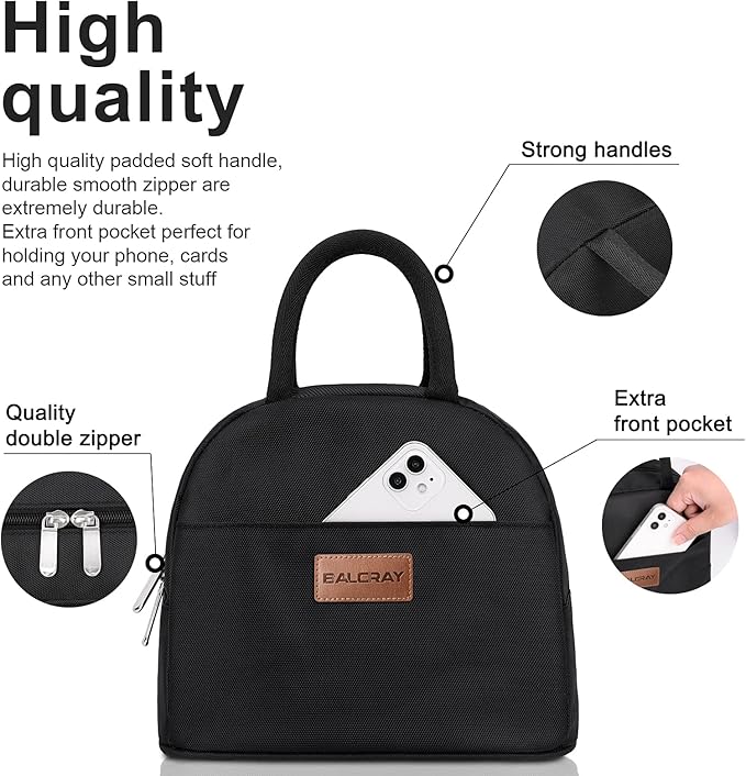 BALORAY Lunch Bag for Women Men Insulated Lunch Box for Adult Reusable Lunch Tote Bag for Work, Picnic or Travel (Solid Black)
