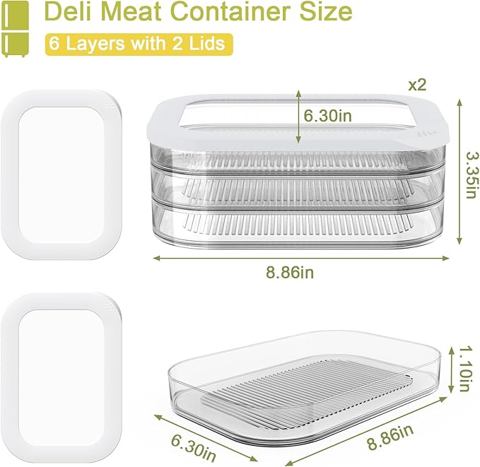 6 Pcs Deli Meat Container for Fridge, Stackable Bacon Lunch Meat Container for Refrigerator, Food Storage Boxes with 2 Lids for Cold Cuts, Cheese, Lunchmeat, Salami, Meal Prep Containers