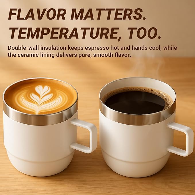 6 oz Espresso/Coffee Mug with Handle, Ceramic-Lined 18/8 Stainless Steel, Double-Wall Vacuum Insulated, Stackable, Dishwasher Safe, Fits Most Espresso Machines (Wine Red & Blue, 2 Pack)