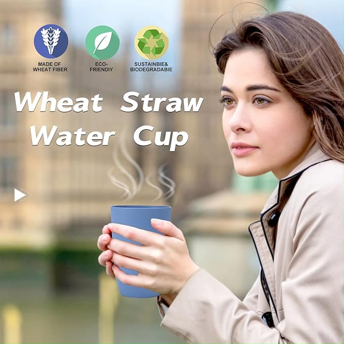 Wheat Straw Cups 6 PCS Good Alternative to Plastic Reusable Cups 12 oz Unbreakable Drinking Cup Reusable Dishwasher Safe Water Plastic Glasses Light Blue