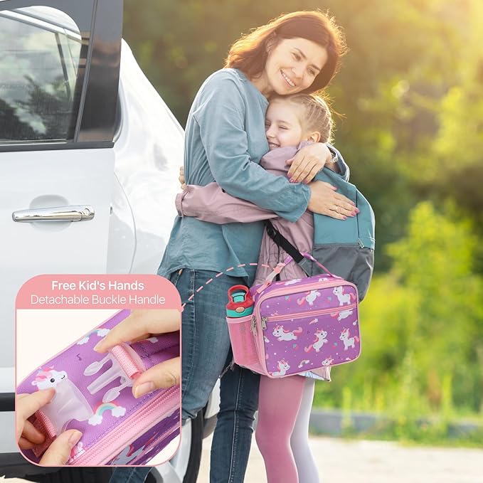 Bagseri Kids Lunch Bag for Girls - Insulated Kids Lunch Box for Daycare and School Reusable Meal Tote Bag with Water Bottle Holder, Easy-Clean Water-Resistant Fabric, Purple Cute Unicorn