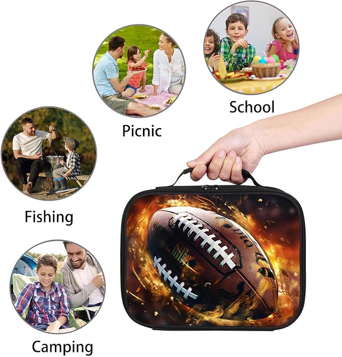 American Football Lunch Box for Boys Girls, Rugby Sports Kids School Lunch Bag, Insulated Layer, Polyester, Leak-proof Children Lunchbox for Age 6+, Fits Most Bento Boxes