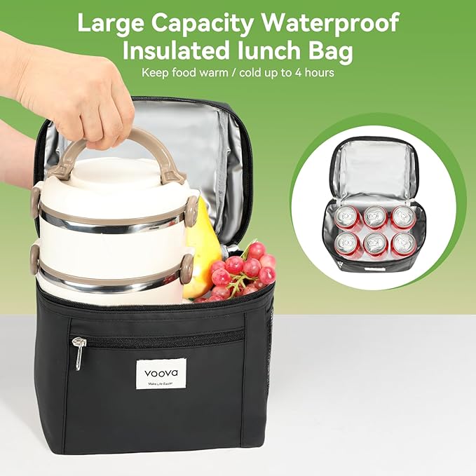 Voova Stackable Stainless Steel Thermal Lunch Box with Lunch Bag for Women Men Adult, 2 Tier Leakproof & Microwave Safe Insulated Bento Boxes Food Container for Work School, Black