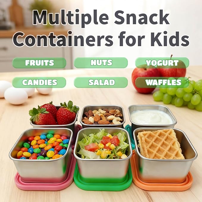 6Pack Stainless Steel Snack Containers for Kids, 6oz Easy Open Sauce Leak Proof Small Food Storage Container with Silicone Lids, Stackable Metal Toddler Lunch Box for Daycare, School and Travel