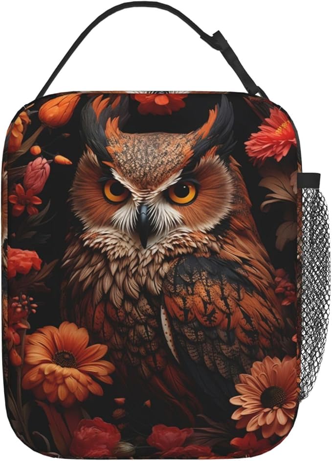 Reusable Autumn Owl Lunch Box for Kids, Insulated Vibrant Floral Bird Bag,Polyester Cooler Animal Lovers Handbags Case for School Picnic Work Travel Beach or Hiking, Gifts