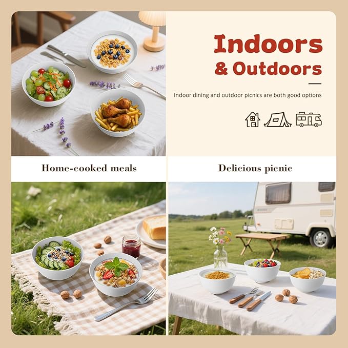 Wrova Wheat Straw Camping Bowls Sets of 6,Unbreakable 26oz Lightweight Bowls Sets for Outdoors Activity,Breakfast Bowls for Cereal and Salad.White Series