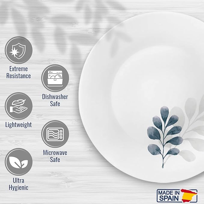 Bormioli Rocco White Moon Botanica Blue, Set Of 6, 7.75" Dessert Plates, Tempered Opal Glass Dishes, Dishwasher & Microwave Safe, Made In Spain.