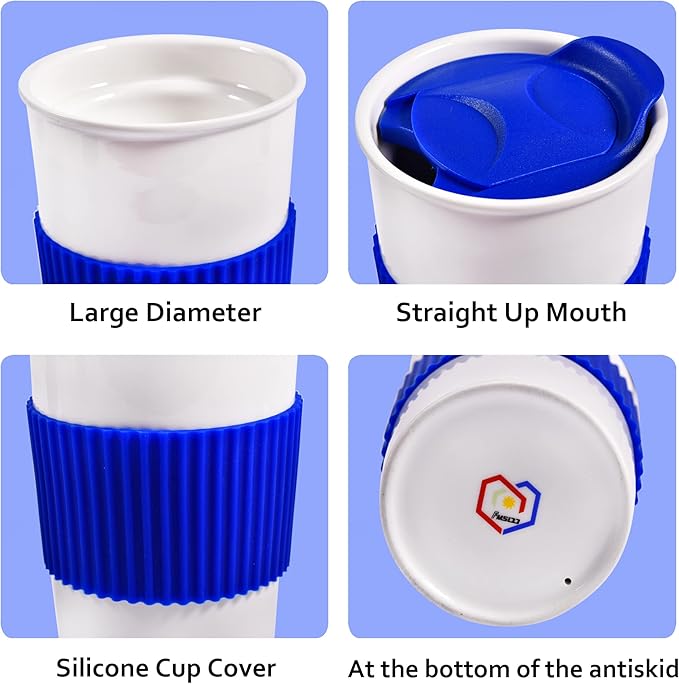 12 oz Travel Coffee Mug, Ceramic Double Wall Insulated Mug No Handle with Splash Resistant Lid & Non-Slip Silicone Sleeve, Travel Must-Have White Coffee Cup, Reusable, Gifts For Women & Men, Blue