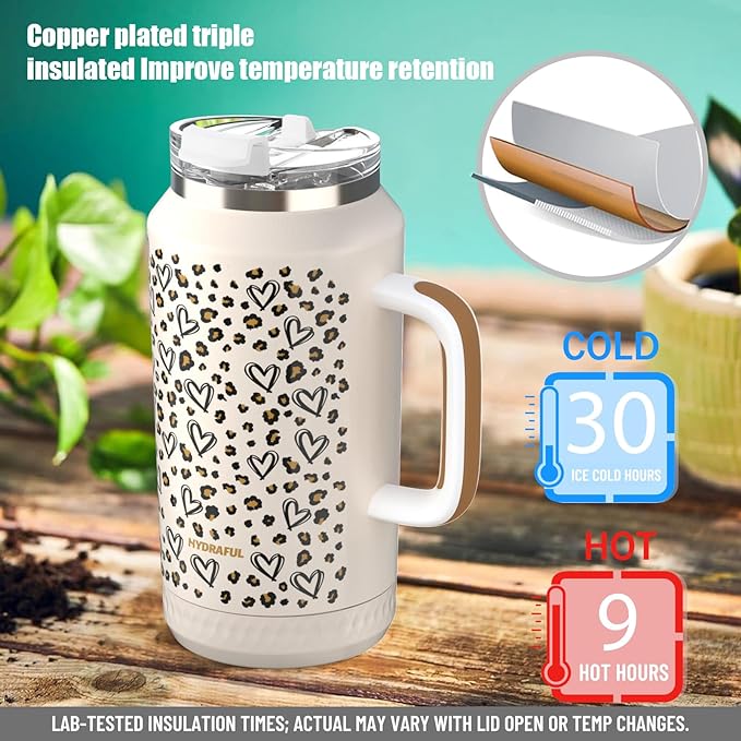 Hydraful 64 oz Tumbler with Handle and Straw - 100% Leak-Proof - Insulated Cup Reusable Stainless Steel Large Water Bottle Travel Mug for Gym, Hiking, and Camping - Gifts for Women Men Him Her