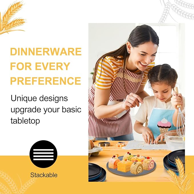 Rubtlamp 16Pcs Plastic Wheat Straw Dinnerware Set, Reusable Plastic Dishes Set for 4, Kitchen Plates And Bowls Set (Deep Four Colors) Include Dinner Plates, Dessert Plates, Cereal Bowls, Cups