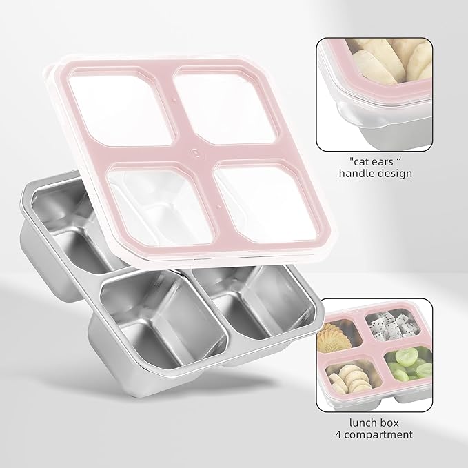 BEFOY 2 Pack Stainless Steel Snack Containers with Lids 4 Compartment Food Storage Containers for Adults Meal Prep Reusable for work or going out.(PINK, 2)