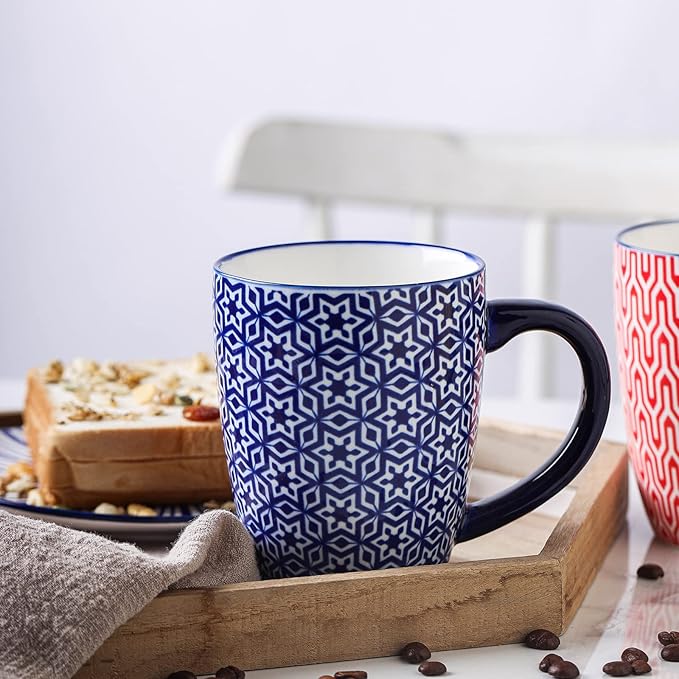 Selamica 16 oz Porcelain Coffee Mugs Set, Ceramic Tea Cup with Handle, dishwasher, oven, microwave safe, Pack of 6, Vintage Blue