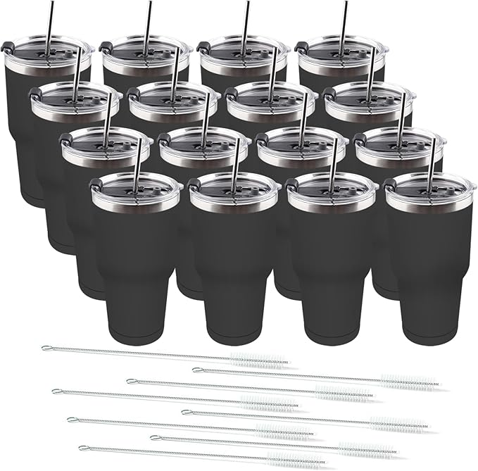 Amtidy 16 Pack 30oz Travel Mug, Powder Coated Stainless Steel Vacuum Double Wall Bulk Tumbler, Durable Insulated Coffe Cup with Splash Proof Lids straw and cleaning brush，for Home, Office, Party