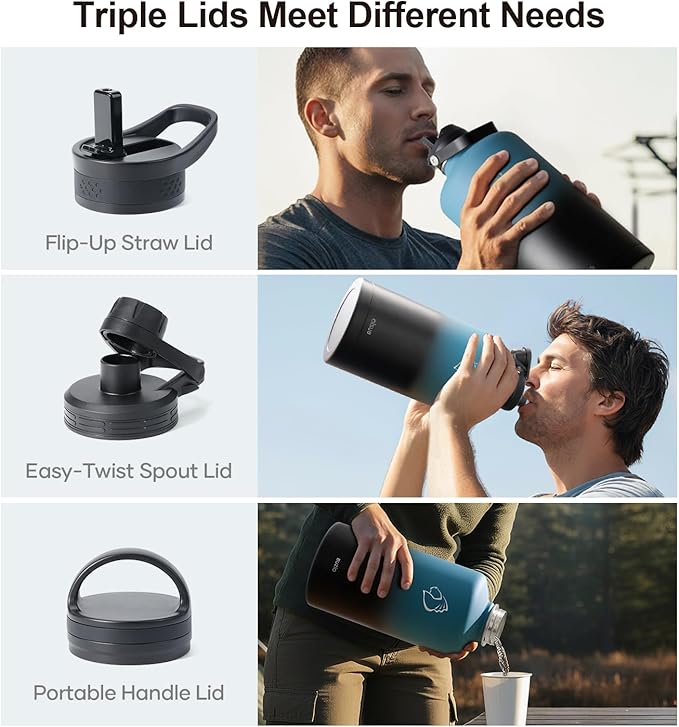 BUZIO Gallon Water Bottle Insulated with straw and 3 lids, 128 oz Water Jug Large Vacuum Stainless Steel Metal Flask, Leak Proof & BPA-Free, Cold for 48 Hrs, Indigo Crush