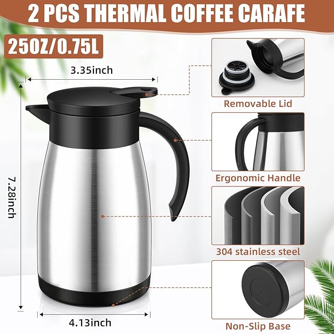 Uiifan 2 Pcs Thermal Coffee Carafe Insulated Stainless Steel Coffee Carafes for Keeping Hot and Cold Double Walled Vacuum Thermal Pot Flask with Brush for Water Milk Tea Home and Office(Silver,25oz)