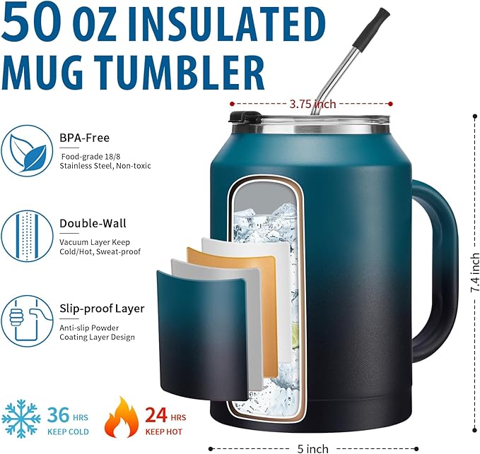 50 oz Mug Tumbler with Handle and Straw - 2-in-1 Lid, Silicone Water Bottle Boot, Stainless Steel Coffee Mugs, Double Wall Insulated Water Cup Keep Cold-36H Hot-24H, 50oz Large Tumbler Jug
