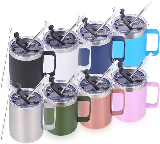 Volhoply 12oz Insulated Leakproof Coffee Mug with Flip & Straw Lid Bulk 8 Pack,Double Wall Vacuum Stainless Steel Travel Tumbler Cup with Handle,Reusable Camping Mugs Keep Cold(Assort color,8 Set)