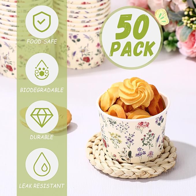 50 Pack Wildflower Treat Snack Cups Floral Paper Ice Cream Cups 9 oz Summer Flowers Disposable Dessert Bowls Paper Soup Bowls for Hot or Cold Food Wedding Baby Shower Birthday Party Supplies