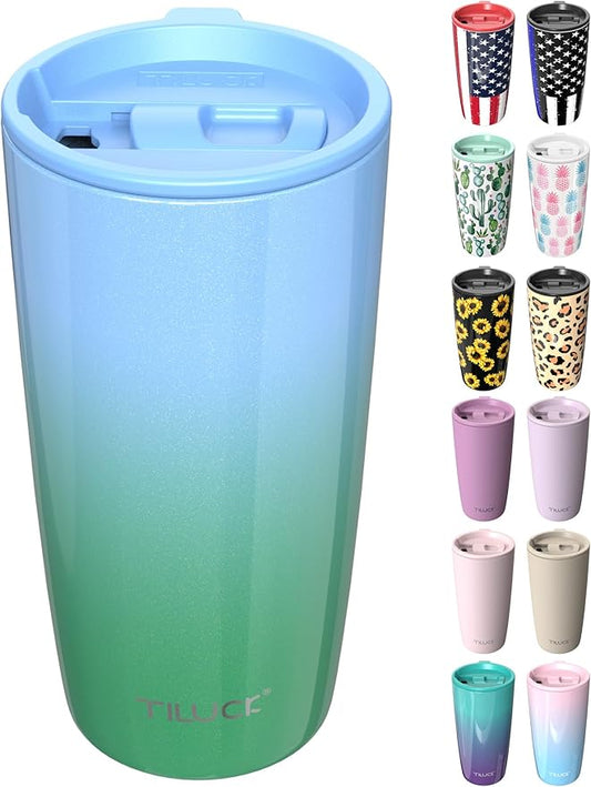 TILUCK 20 oz Tumbler with Leak-Proof Lid, Vacuum Insulated Stainless Steel Coffee Mug, Double-Walled Travel Tumbler for Hot and Cold Drinks(GlitterGreenBlue, 20oz)