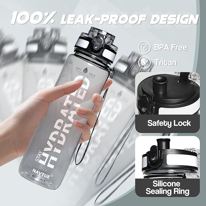 Water Bottle, 32 oz Sports Water Bottles with Time Marker Wide Mouth, Motivational and Leakproof Drink Bottle, BPA Free Tritan with Carry Strap for Gym Fitness Outdoor(Direct Drink 1 Bottle)