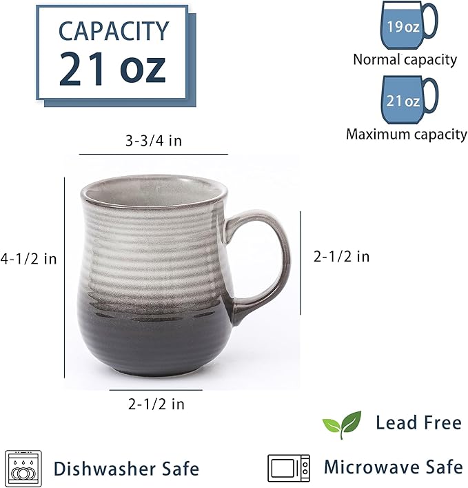 21 oz Large Ceramic Coffee Mugs, Pottery Mug Handmade, Ceramic Tea Cups with Handle for Office and Home, Dishwasher and Microwave Safe (Grey Black)