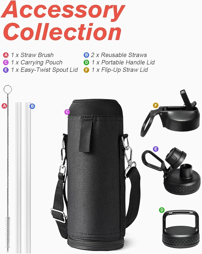 Water Bottle 40 oz Insulated with Straw&Brush, Coolflask Vaccum Stainless Steel Metal 3 Lids Water Flask for Sports, Gym or Office, Keep Cold 48H Hot 24H, Ombre Yellow/Orange