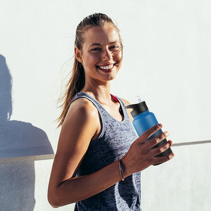 32 Oz Insulated Water Bottle Bulk 4 Pack, Stainless Steel Sports Water Bottles with Straw Lid & Wide Mouth Lids, Double Walled Vacuum, Leak Proof, Blue Black Gradient