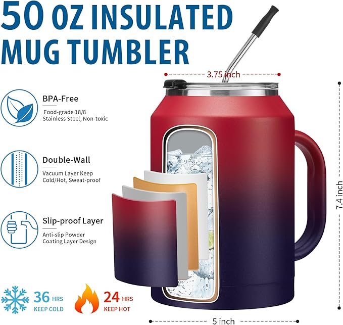 50oz Tumbler with Lid and Straw - Gulp, Protective Cup Mat, 50 oz Stainless Steel Coffee Mug for Travel Work, Double Wall Insulated Tumblers Metal Cups, Leak Proof Large Flask Jug Water Bottle