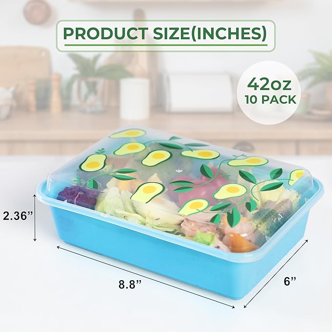 10 Pack 42 oz Meal Prep Containers, Reusable Plastic Food Prep Storage Containers with Printed Lids, Stackable, Leakproof, Microwave & Freezer & Dishwasher Safe,To Go Take Out Box, Avocado
