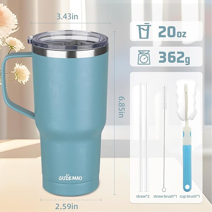 20 oz Insulated Coffee Mug with Ceramic Coating, Stainless Steel Travel Mug Tumbler with Handle Lid and Straw, Double Wall Leak-Proof Coffee Travel Mug Keeps Drink Hot and Cold (Lake Green)