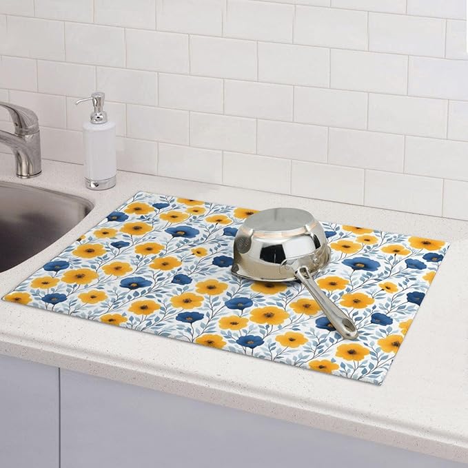 Blue Yellow Floral Dish Drying Mats for Kitchen Counter, Absorbent Microfiber Drying Pad for Dishes, Decorative Kitchen Mat for Sink & Dining Area, Washable Foldable Reversible, Home Decor, 18" x 24"