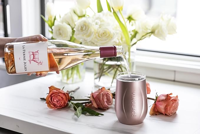 Vinglacé Stainless Steel Stemless Wine Glass- Insulated Wine Tumbler with Glass Insert and Sip Lid, 10 oz, Rose Gold