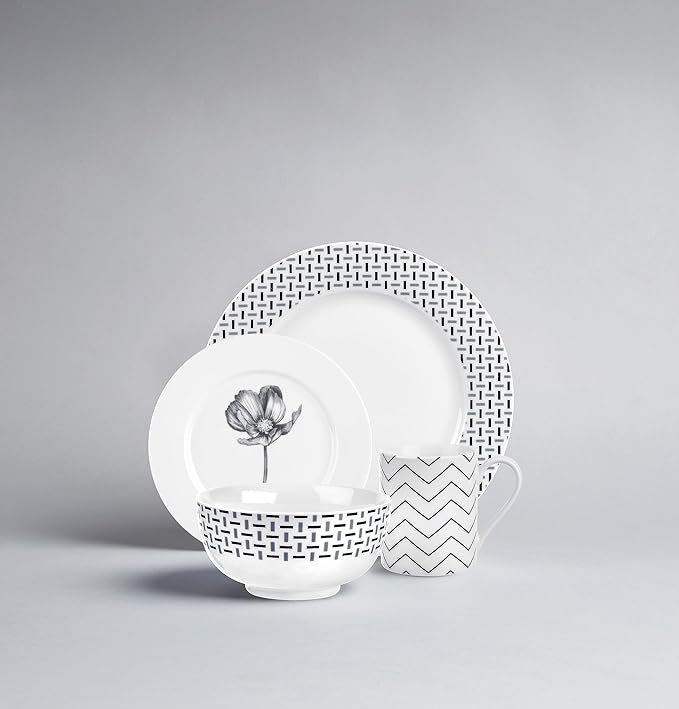 Portmeirion Home Stella 16 Piece Set - Monochrome Porcelain Dinnerware Collection with Patterned Borders, Mix & Match Designs - Ideal for Family Dining, Casual Entertaining & Modern Table Settings